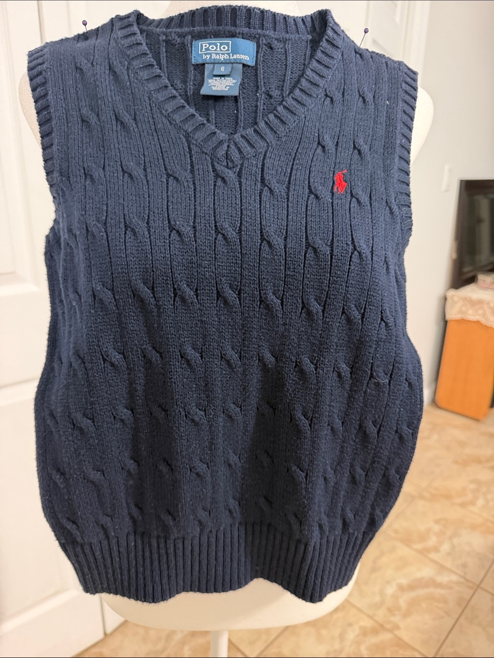 Polo by Ralph Lauren Navy Cable-Knit V-Neck Sweater Vest with Red Pony